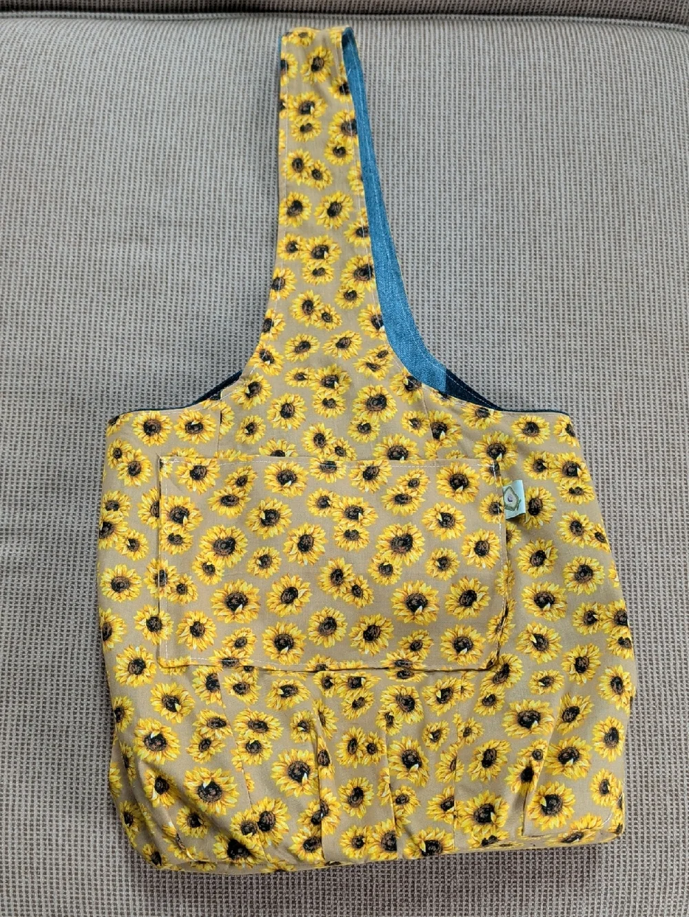 Denim Color Block Handmade Hobo Bag With Sunflower Pattern Lining.